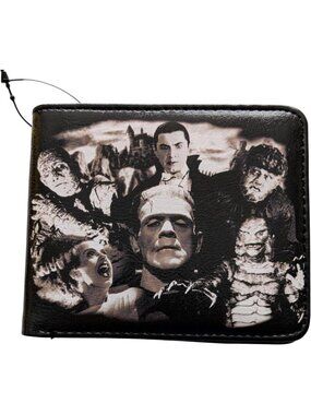 Universal Monsters Men's Bi-Fold Wallet - Black Faux Leather, Stylish & Durable